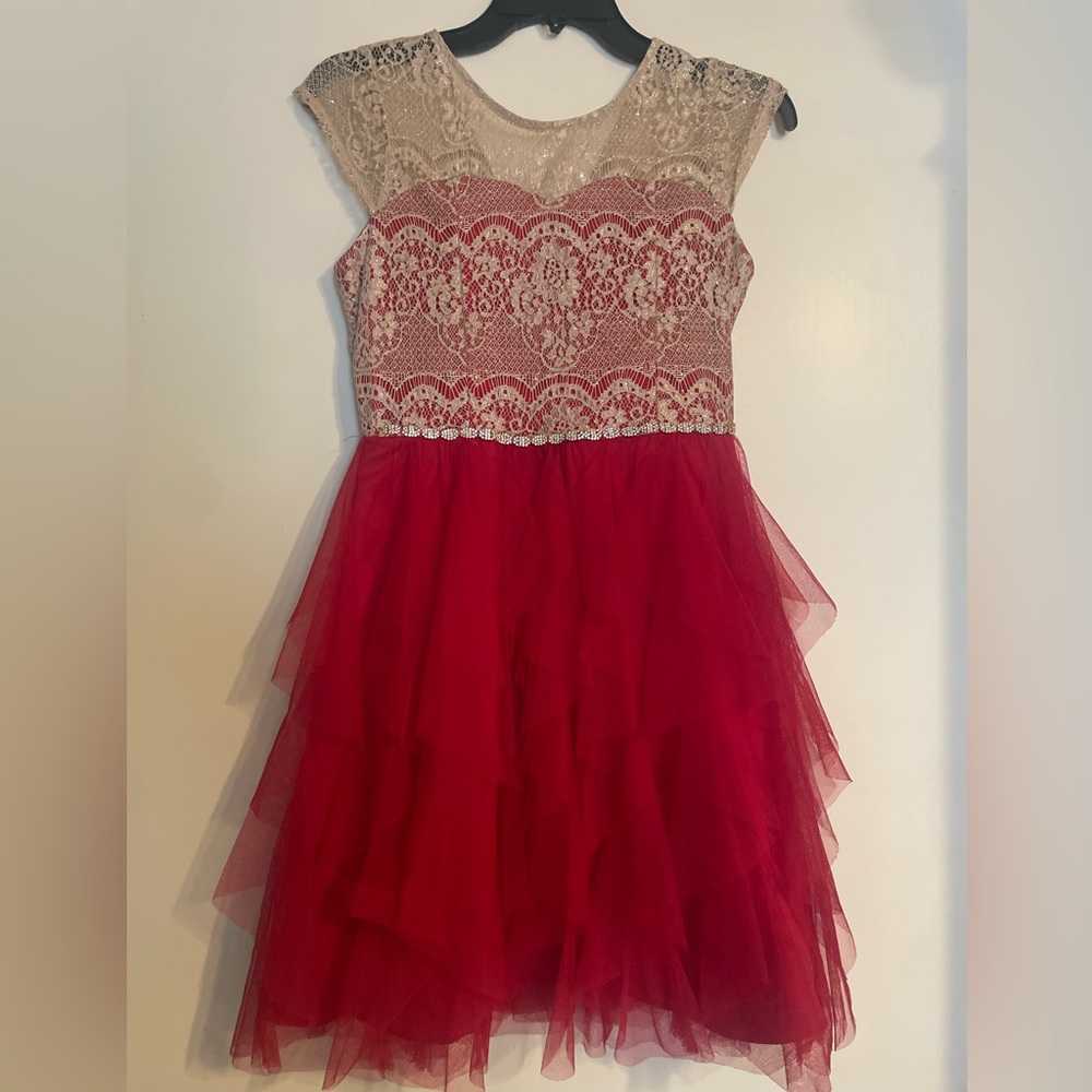 Charming Lace and Tulle Kids Dress in Red and Cream